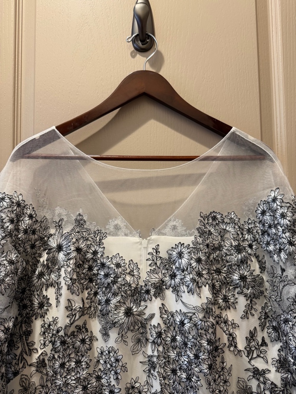 Tadashi Shoji White Dress with Black Floral Embroidery and Sheer Yoke - Picture 3 of 7